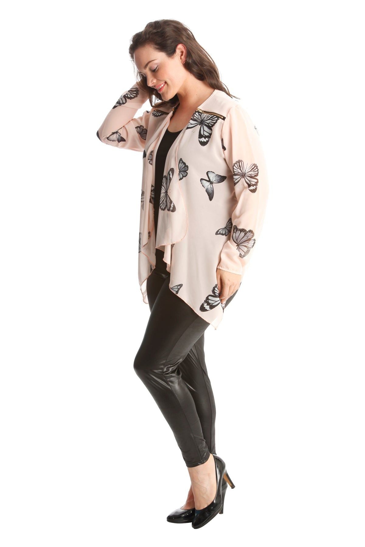 Black Chiffon Butterfly Print Sheer Cardigan Top For Women 18 - Dropwear