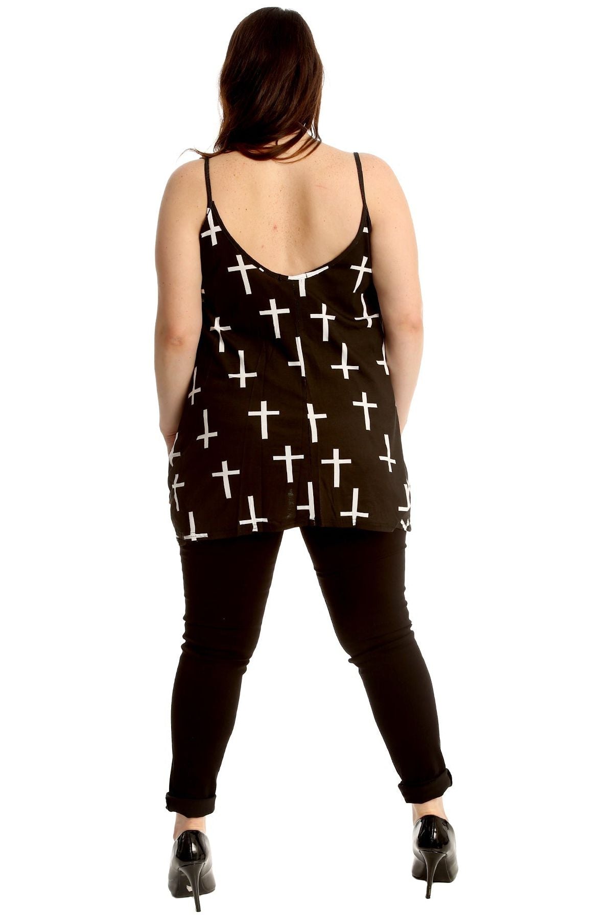Black White Cross Print Strappy Dress Vest Top For Women  - Dropwear