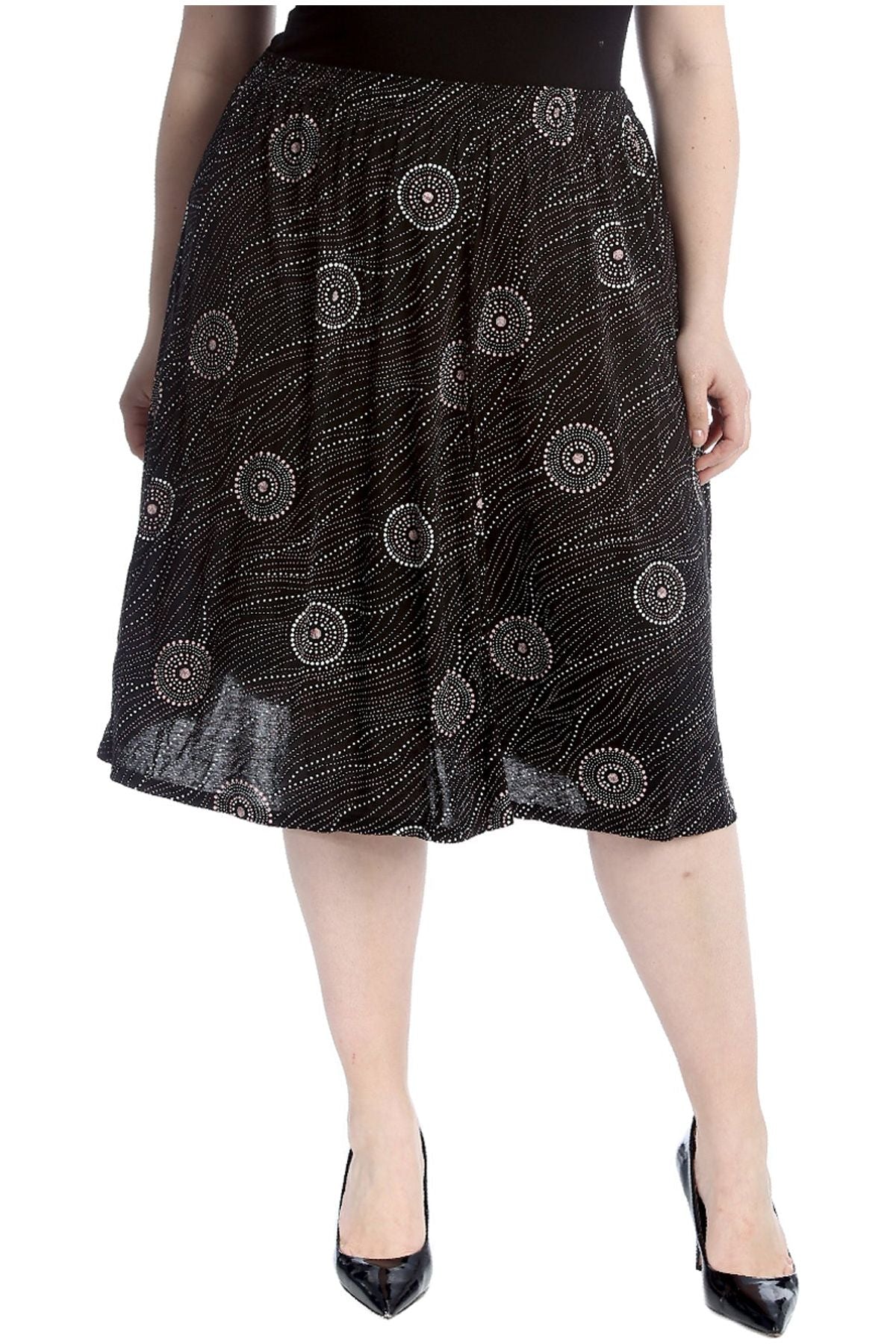 Pink Circle Black Plus Size Circle Print Midi Skirt For Women 16-18 - Dropwear