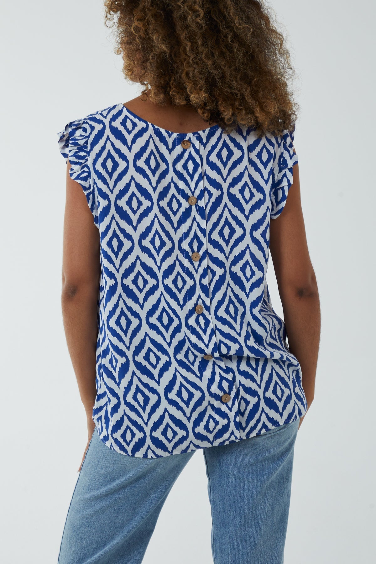 Navy Geometric Print Frill Sleeve Top For Women ONE SIZE - Dropwear