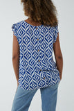 Navy Geometric Print Frill Sleeve Top For Women ONE SIZE - Dropwear
