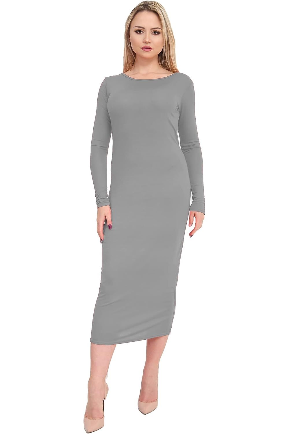 Dark Grey Bodycon Stretch Plain Midi Dress For Women 12-14 - Dropwear