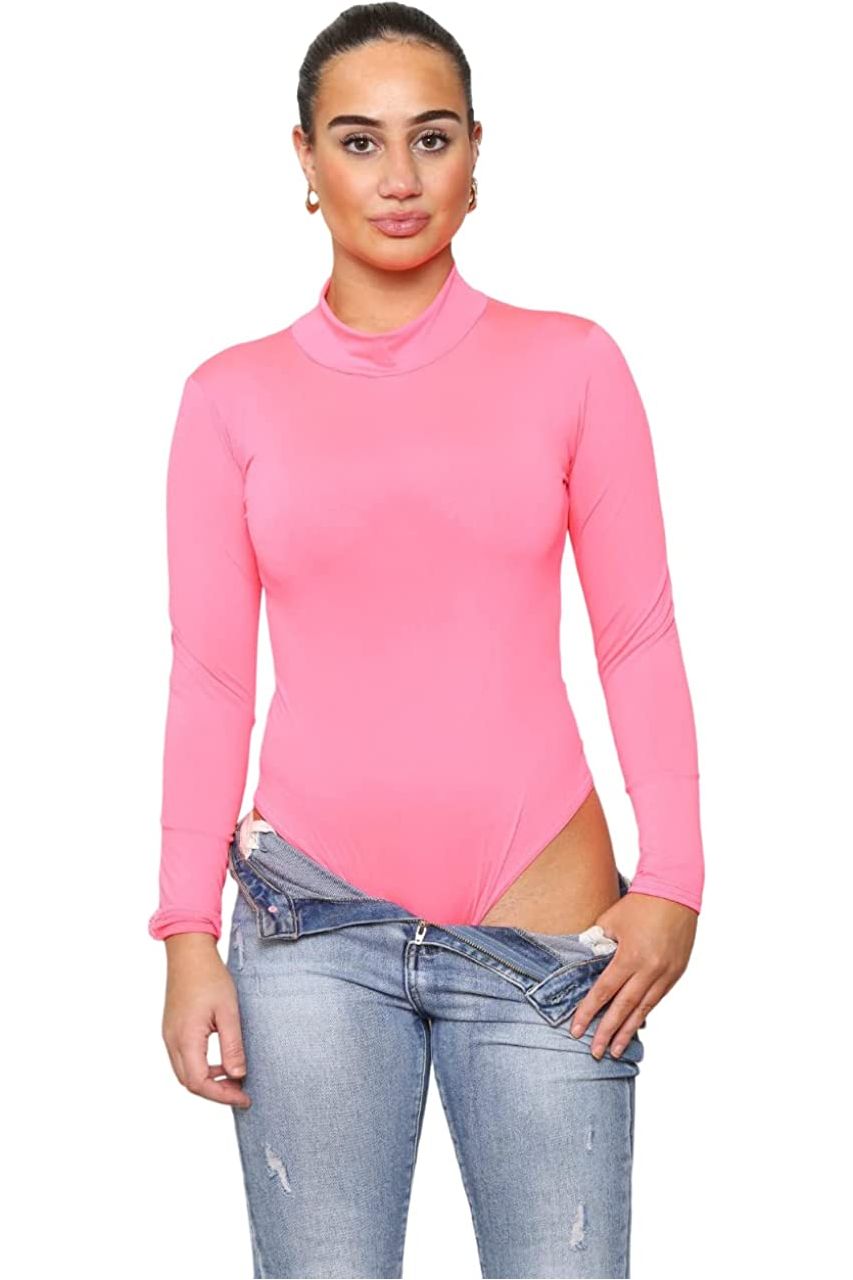 Neon Pink Plain Neon Long sleeve Turtleneck Bodysuit For Women 12-14 - Dropwear