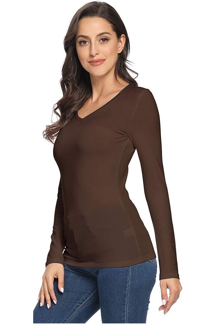 Brown Plus Size Long Sleeve V Neck Top For Women 24-26 - Dropwear
