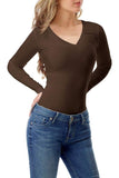 Brown Plus Size Long Sleeve V Neck Top For Women 20-22 - Dropwear