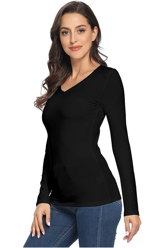 Black Plus Size Long Sleeve V Neck Top For Women 20-22 - Dropwear