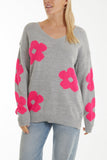 Stone V-Neck Flower Jacquard Jumper For Women ONE SIZE - Dropwear