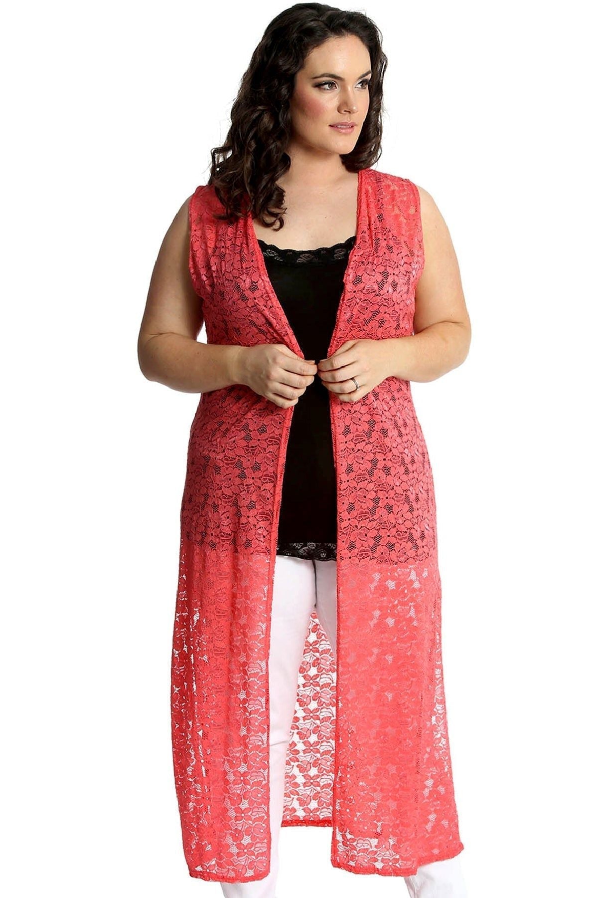 Coral Floral Lace Open Top Long Cardigan For Women 22-24 - Dropwear