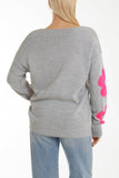 Navy V-Neck Flower Jacquard Jumper For Women ONE SIZE - Dropwear