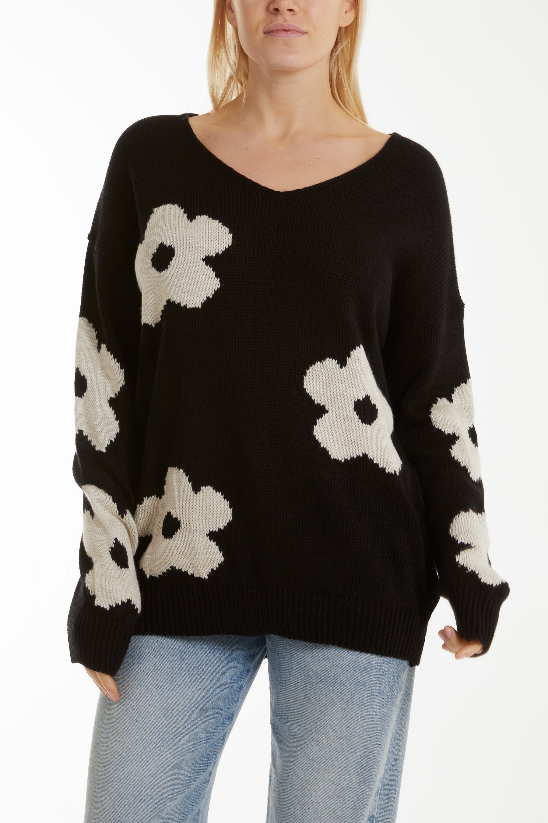 Blush V-Neck Flower Jacquard Jumper For Women ONE SIZE - Dropwear