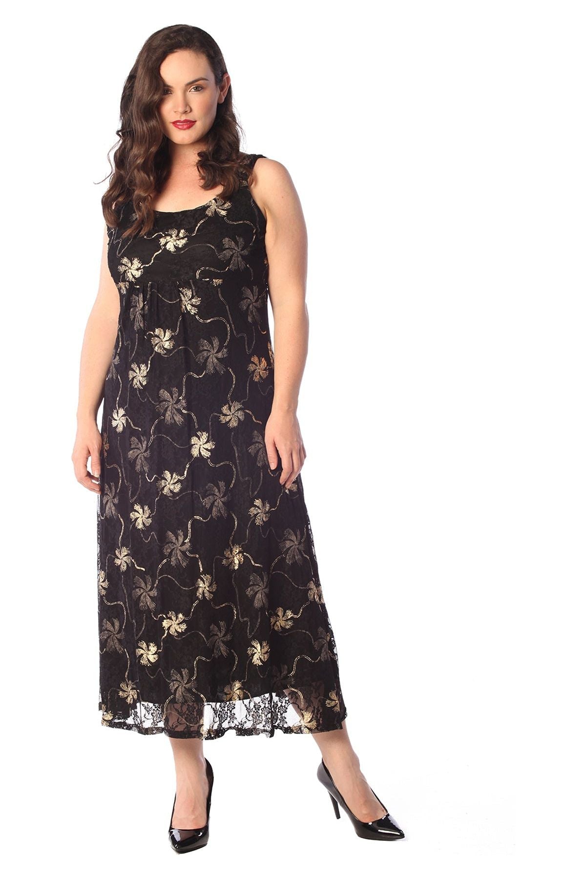 Gold Plus Size Floral Lace Flared Sleeveless Belted Lined Dress For Women 16 - Dropwear
