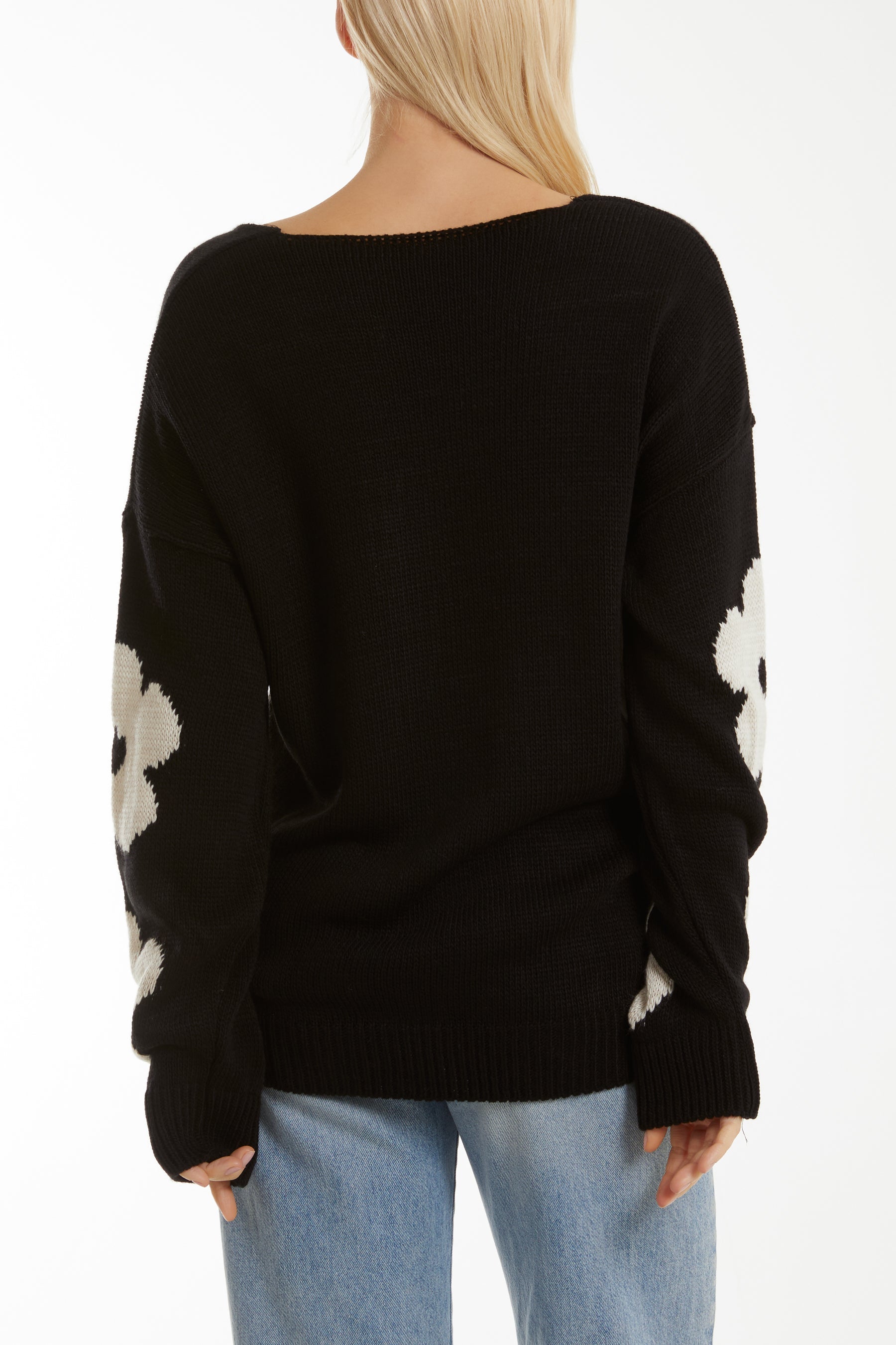 V-Neck Flower Jacquard Jumper For Women  - Dropwear