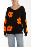 V-Neck Flower Jacquard Jumper For Women  - Dropwear
