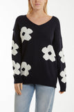 Orange V-Neck Flower Jacquard Jumper For Women ONE SIZE - Dropwear