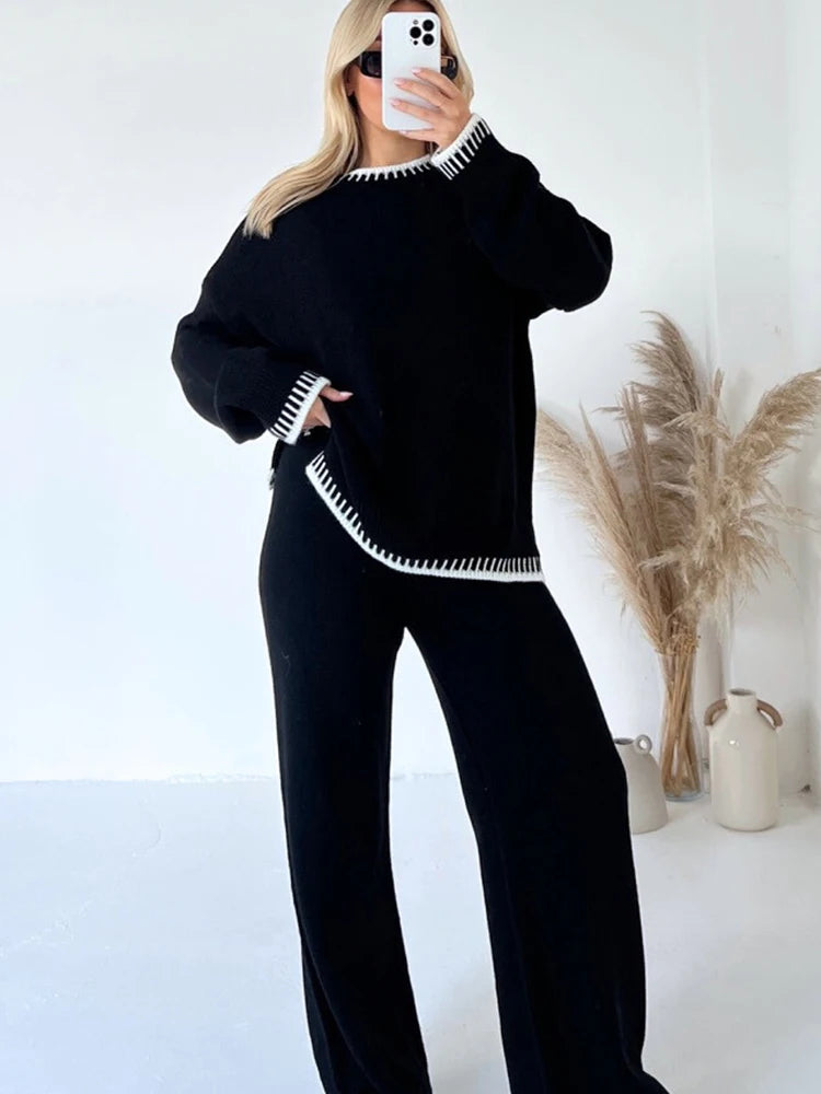 Charcoal Loungewear Wavy Edge Round Neck Pullover & Wide Leg Pants Co-ord For Women S - Dropwear