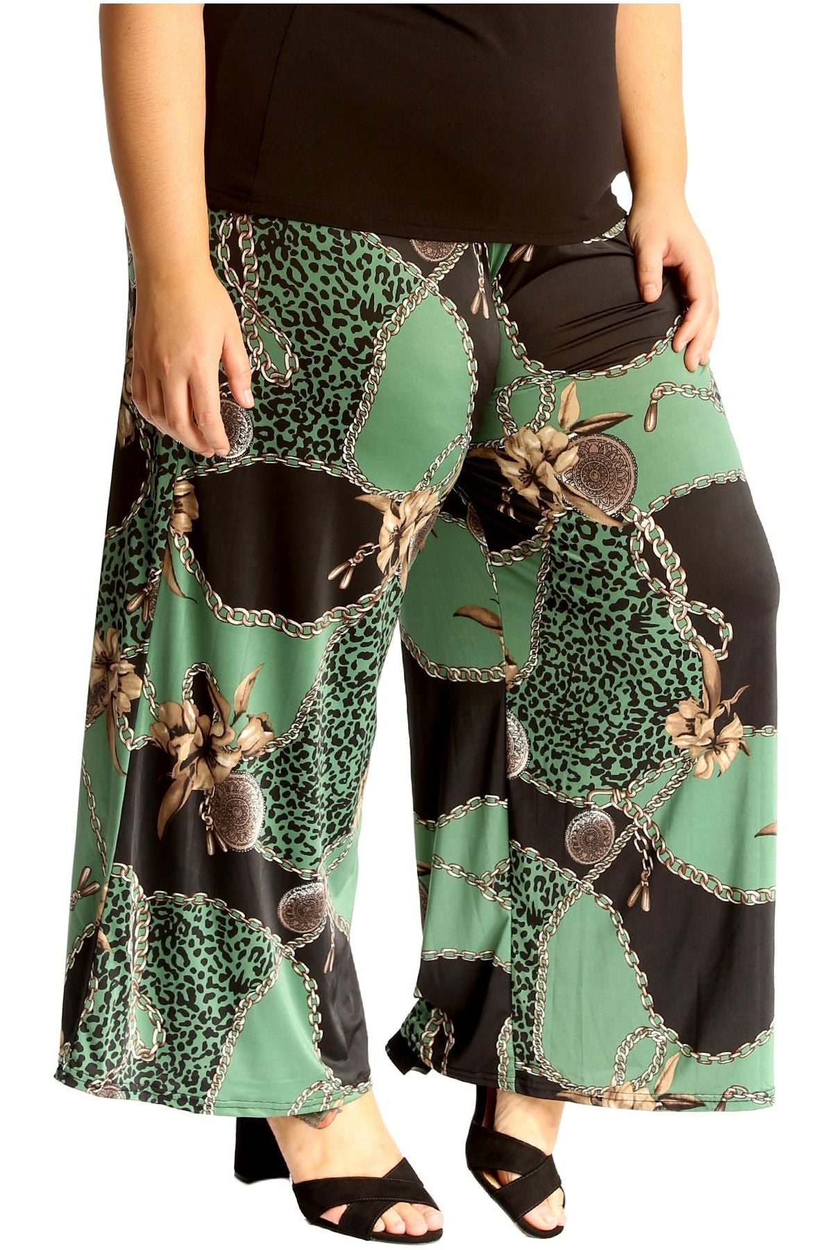 Green Leopard Chain Plus Size Green Leopard Chain Print Palazzo Trouser For Women 16-18 - Dropwear