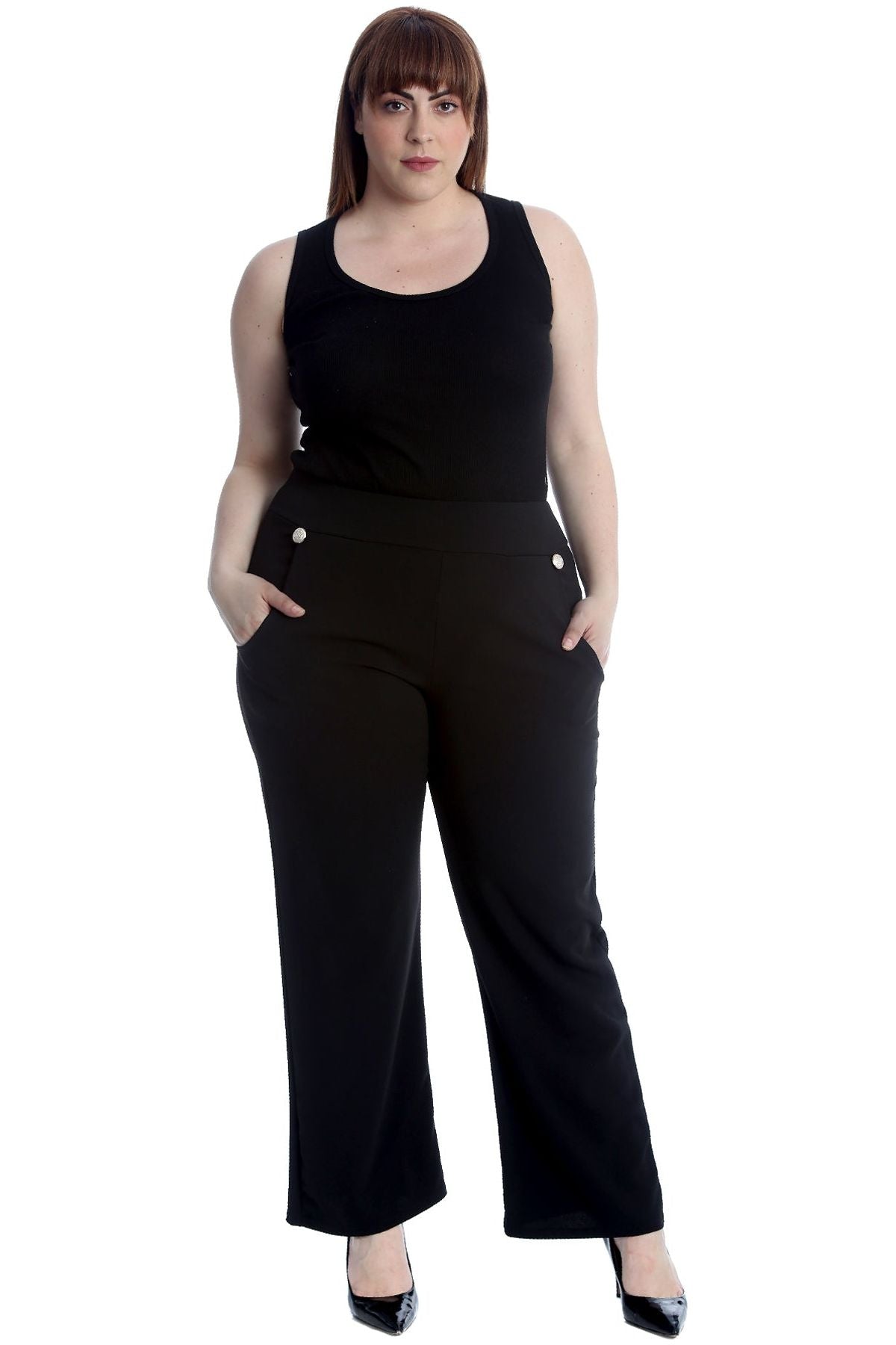 Khaki Green Plus Button Embellished Pocket Palazzo Trousers For Women 14 - Dropwear