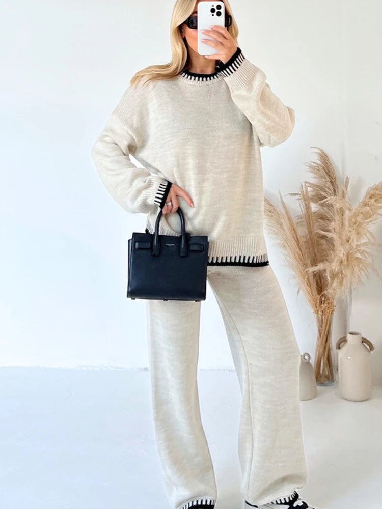 Charcoal Loungewear Wavy Edge Round Neck Pullover & Wide Leg Pants Co-ord For Women M - Dropwear