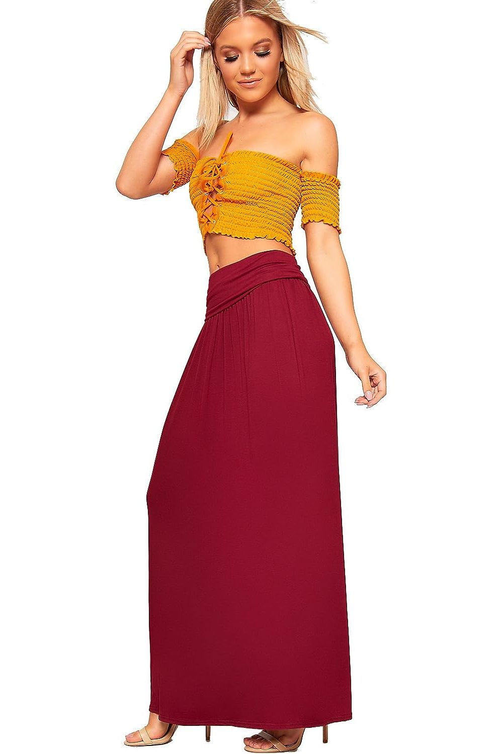 Pink Plus Size Pleated Fold Over High Waist Gypsy Long Maxi Skirt For Women 20-22 - Dropwear