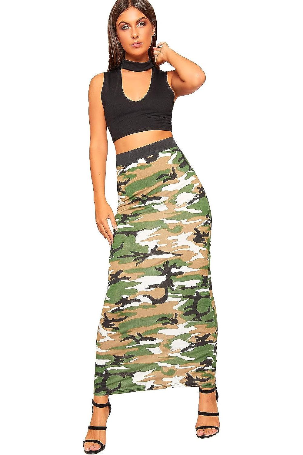 Camouflage Plus Size High Waist Stretch Long Maxi Skirt For Women 16-18 - Dropwear