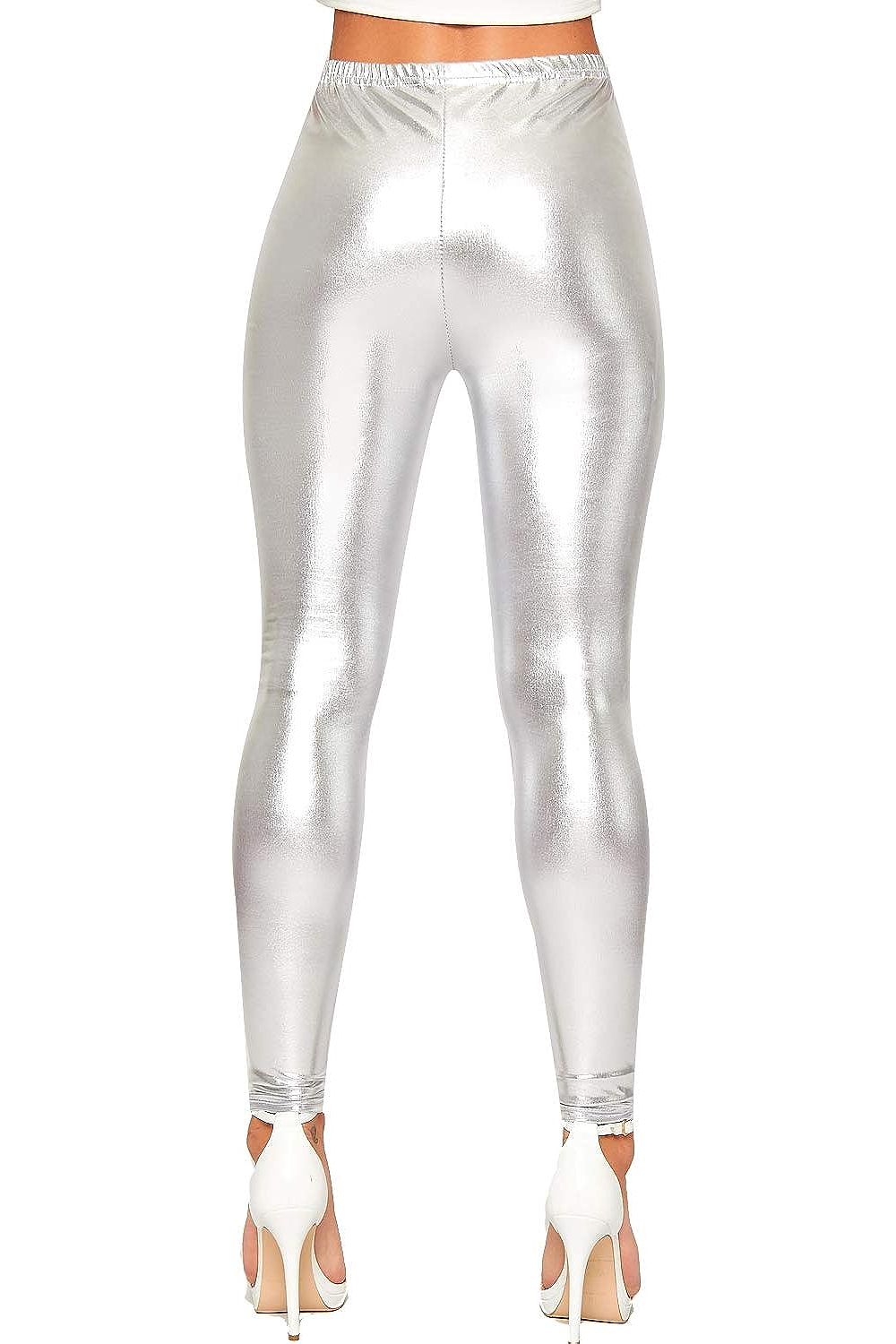 Shiny Metallic Print High Waisted Disco Leggings For Women  - Dropwear