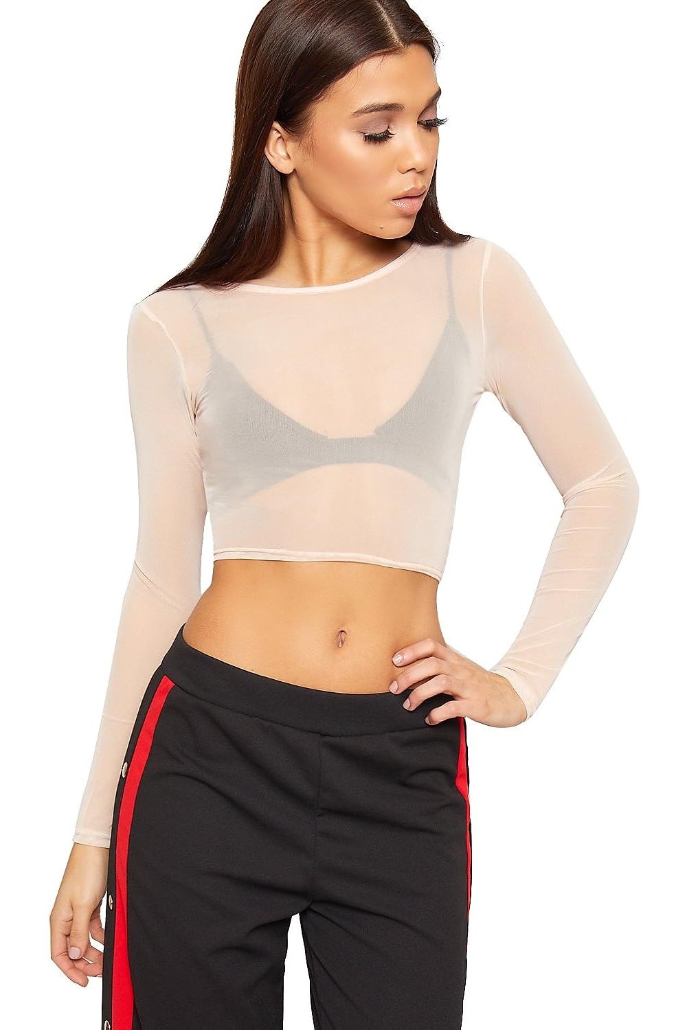 Sheer Mesh Long Sleeve Crop Top For Women  - Dropwear