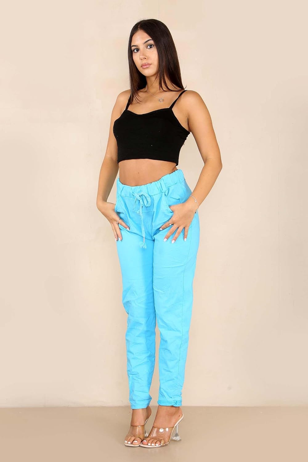 Plus Size Italian Glitter Drawstring Waistband Magic Pants For Women  - Dropwear