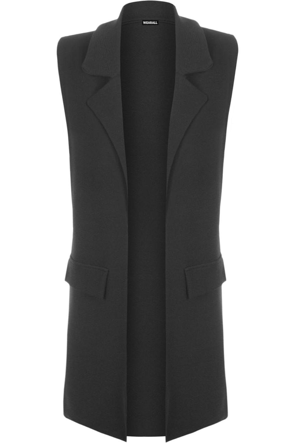 Black Plus Size Crepe Open Long Waistcoat Pocket Top For Women 26-28 - Dropwear