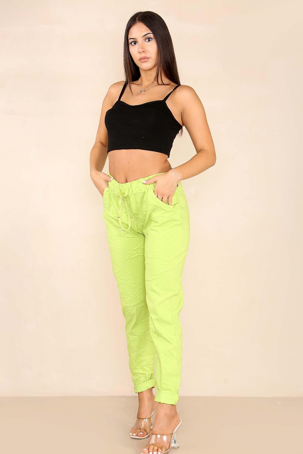 Plus Size Italian Glitter Drawstring Waistband Magic Pants For Women  - Dropwear