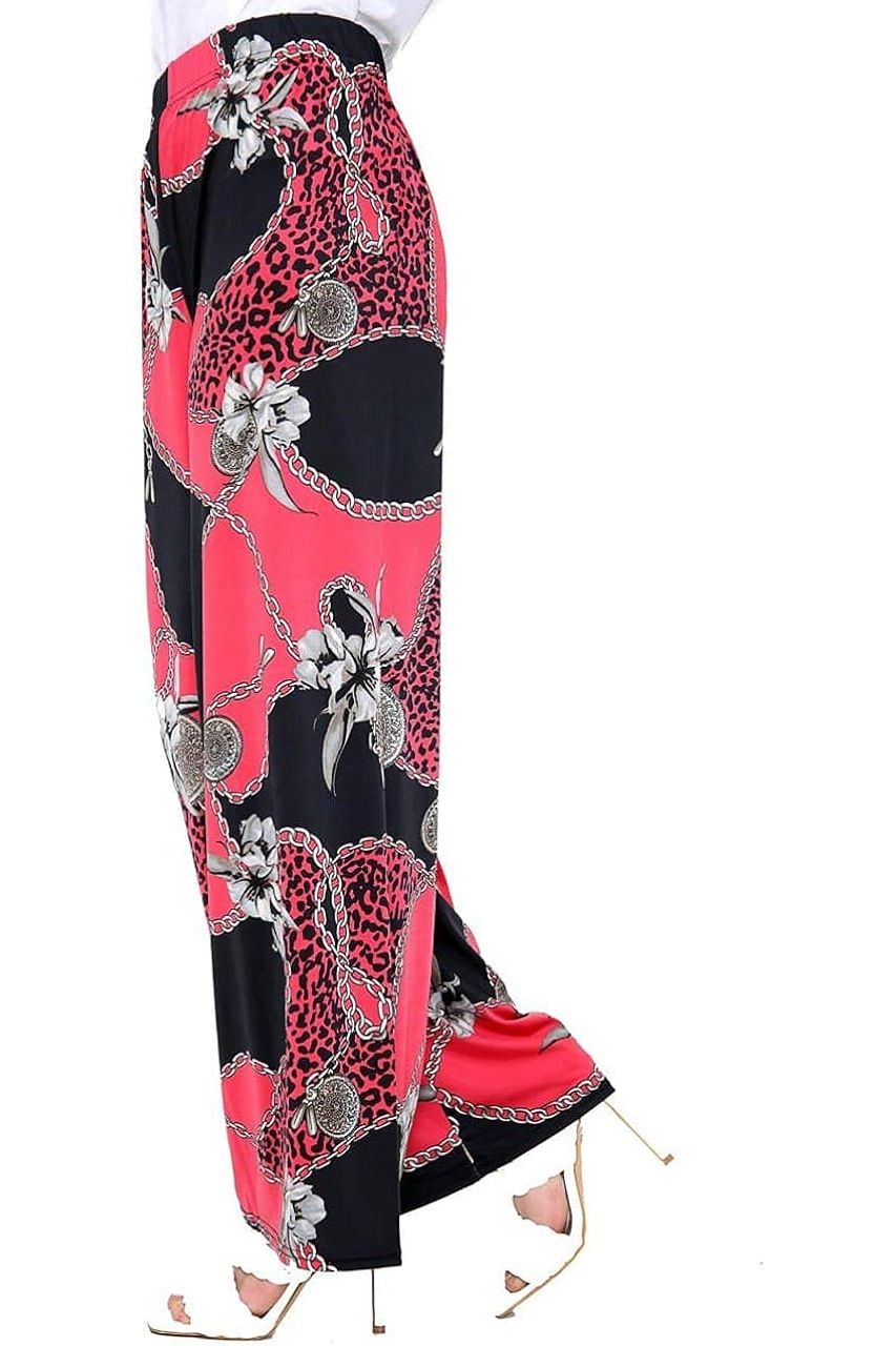 Red Leopard Chain Print Palazzo Trouser For Women  - Dropwear
