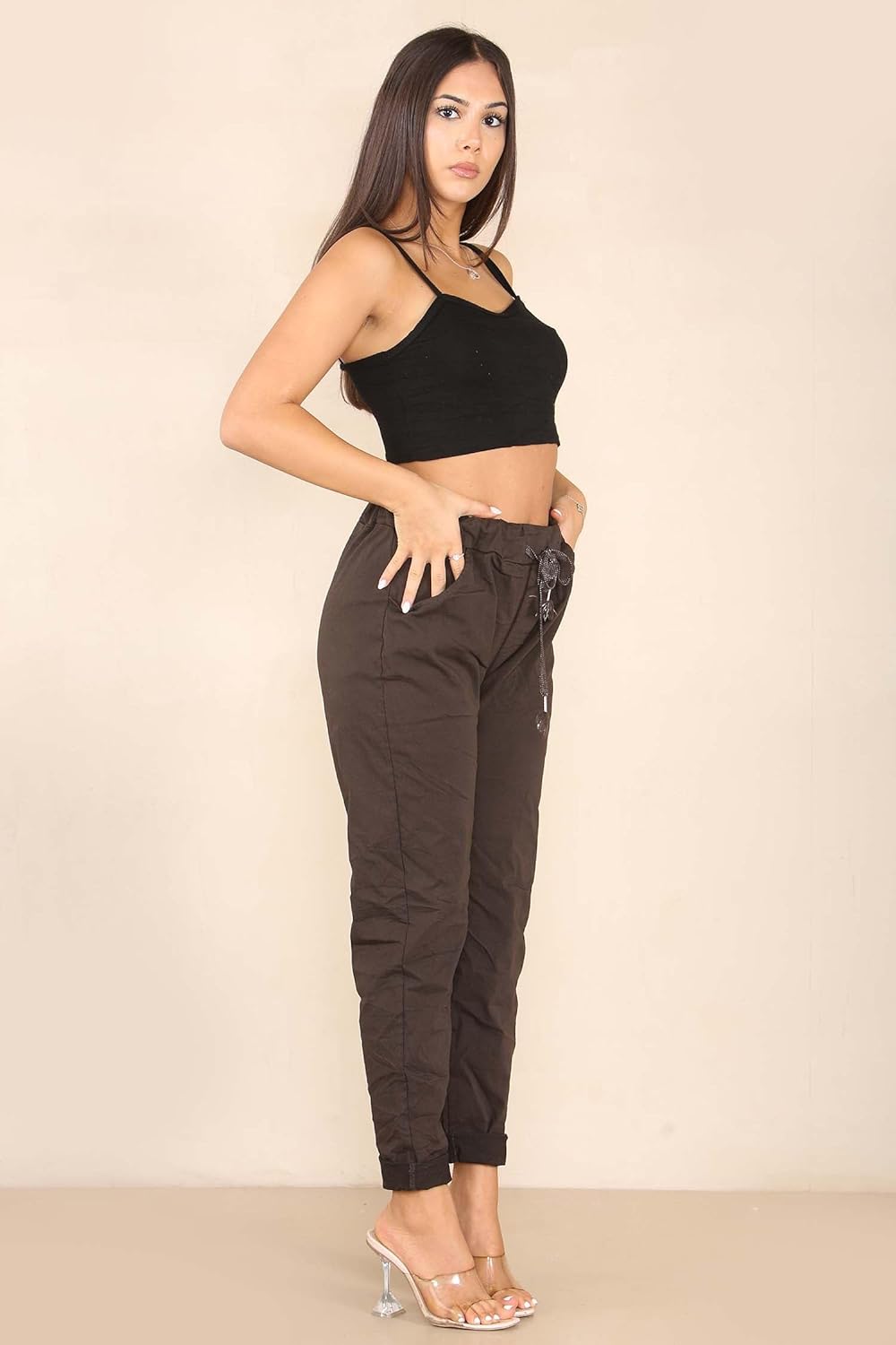 Plus Size Italian Glitter Drawstring Waistband Magic Pants For Women  - Dropwear
