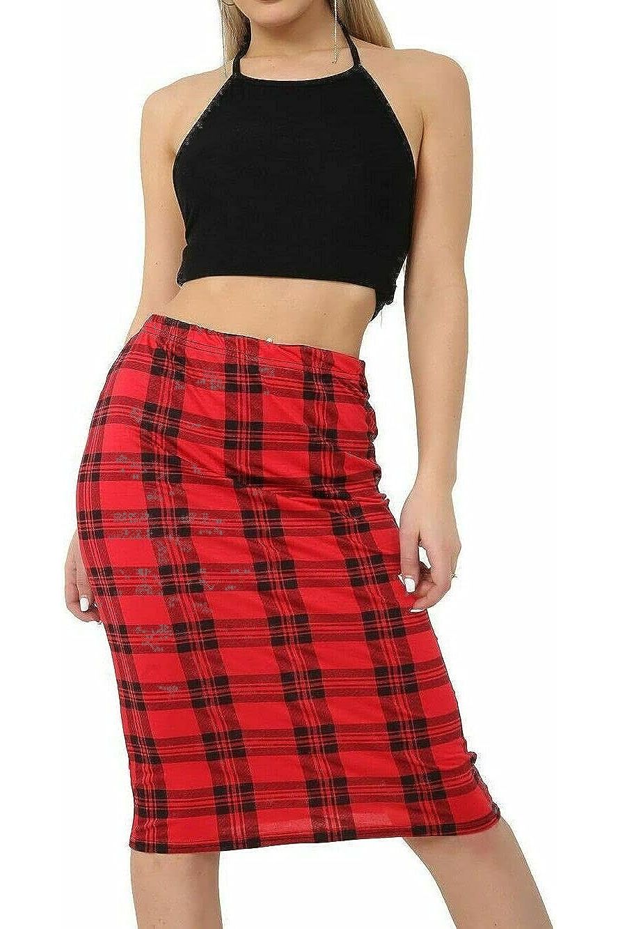 Tartan Red Tartan Check Print Midi Skirt For Women 8-10 - Dropwear