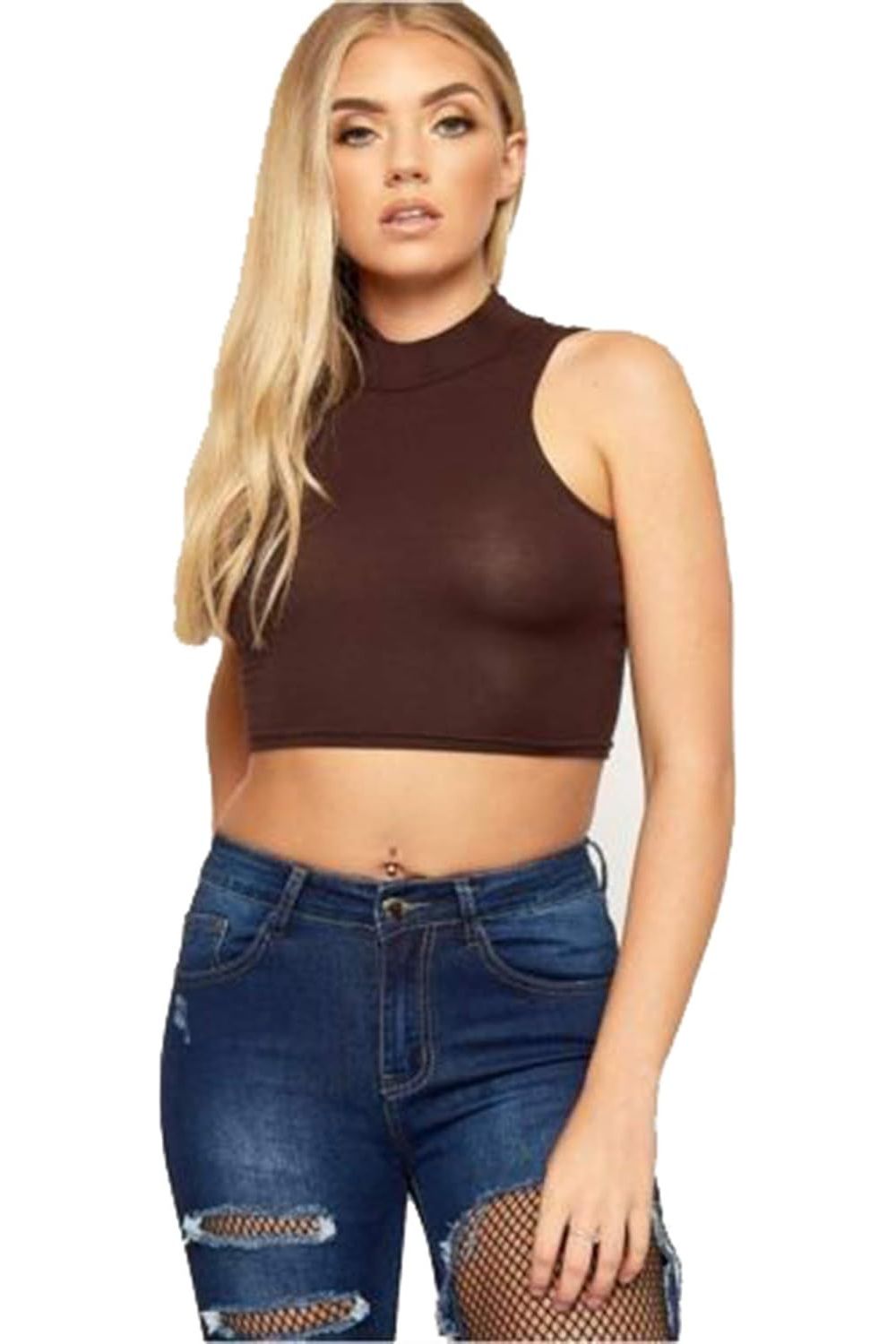 Stone Turtle Neck Sleeveless Crop Top For Women 8-10 - Dropwear