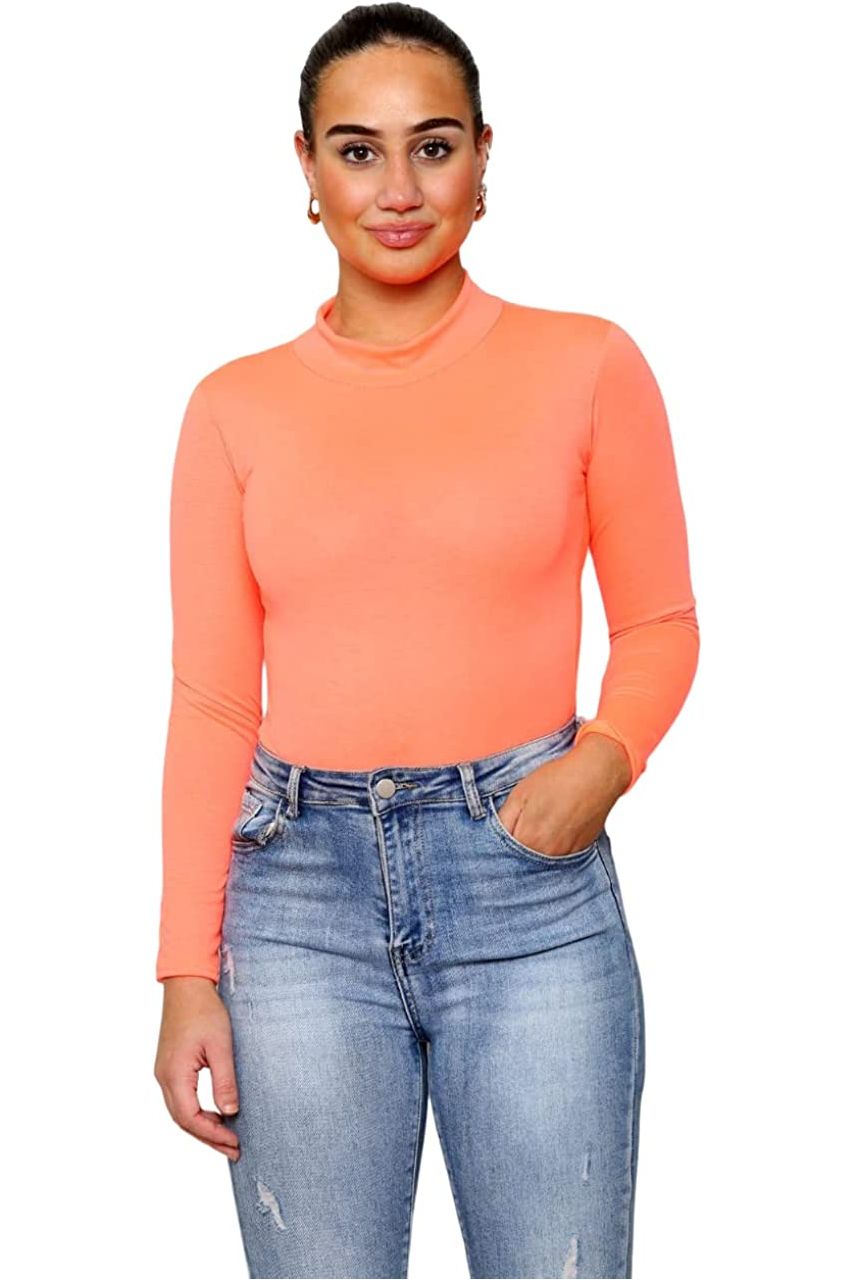 Neon Orange Plain Neon Long sleeve Turtleneck Bodysuit For Women 8-10 - Dropwear