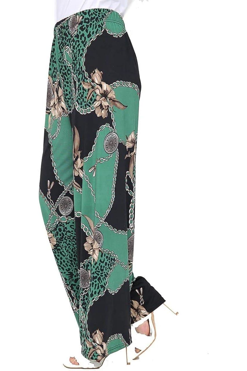 Green Leopard Chain Print Palazzo Trouser For Women  - Dropwear