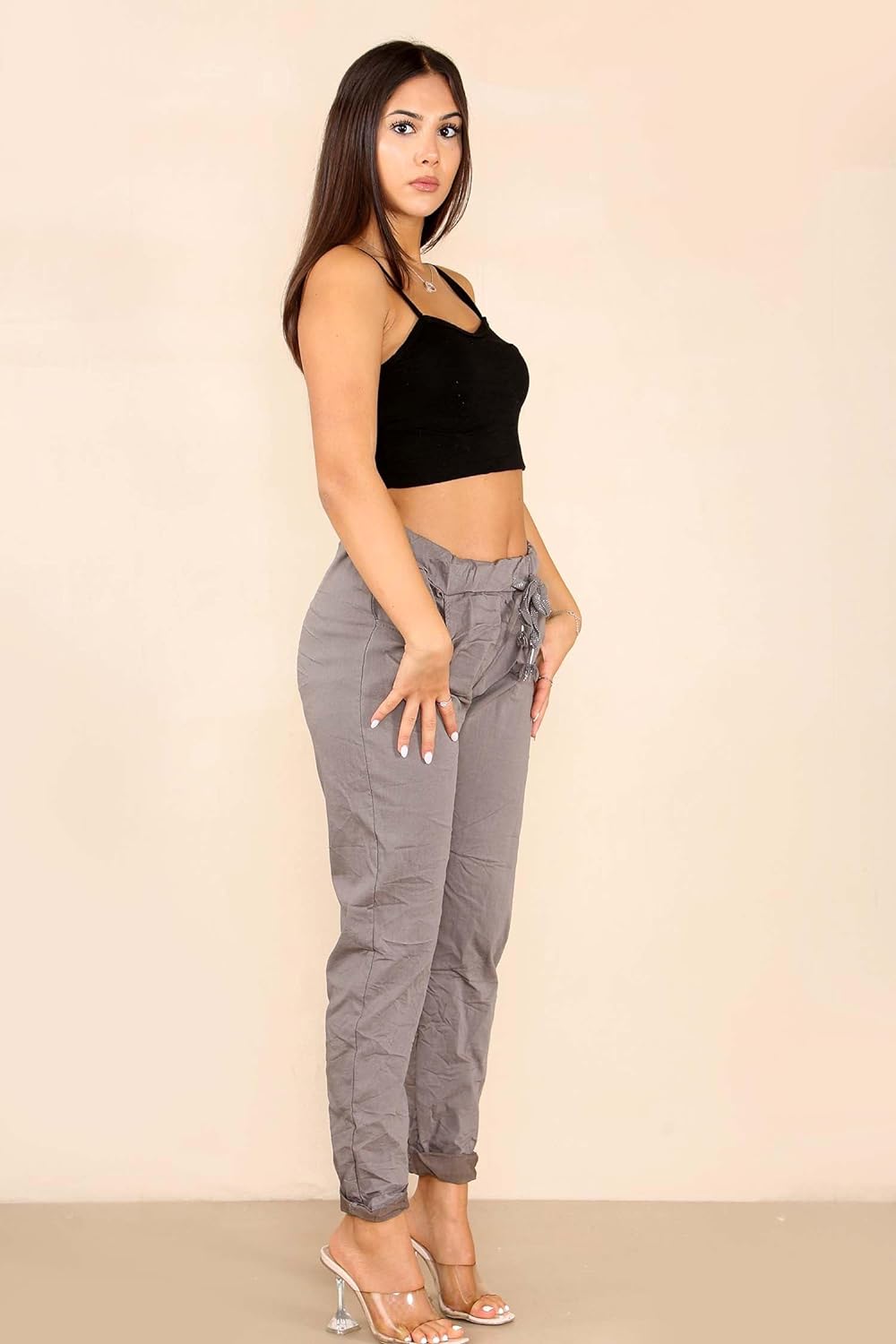 Plus Size Italian Glitter Drawstring Waistband Magic Pants For Women  - Dropwear