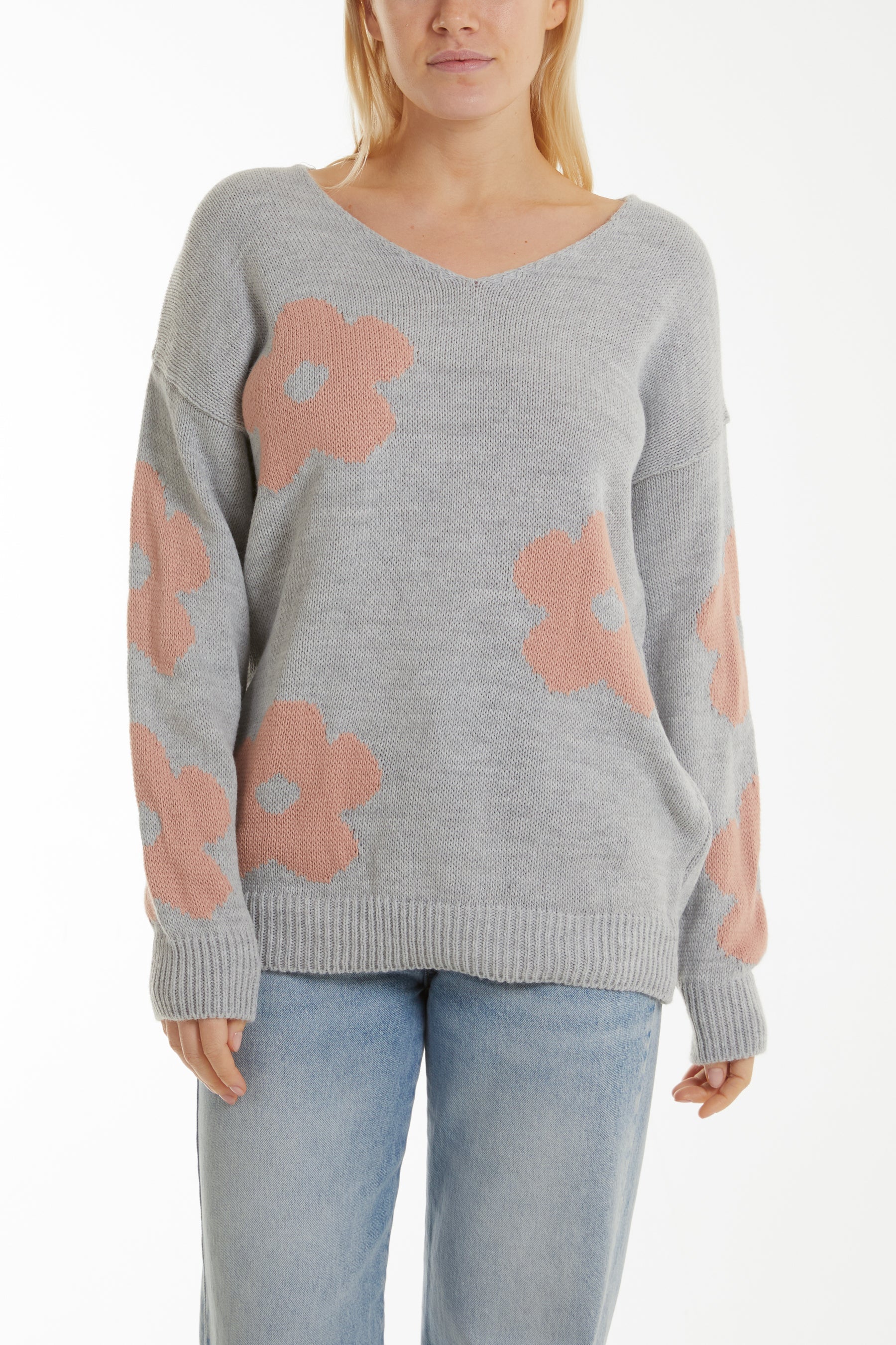 V-Neck Flower Jacquard Jumper For Women  - Dropwear