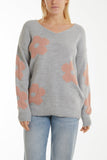 V-Neck Flower Jacquard Jumper For Women  - Dropwear