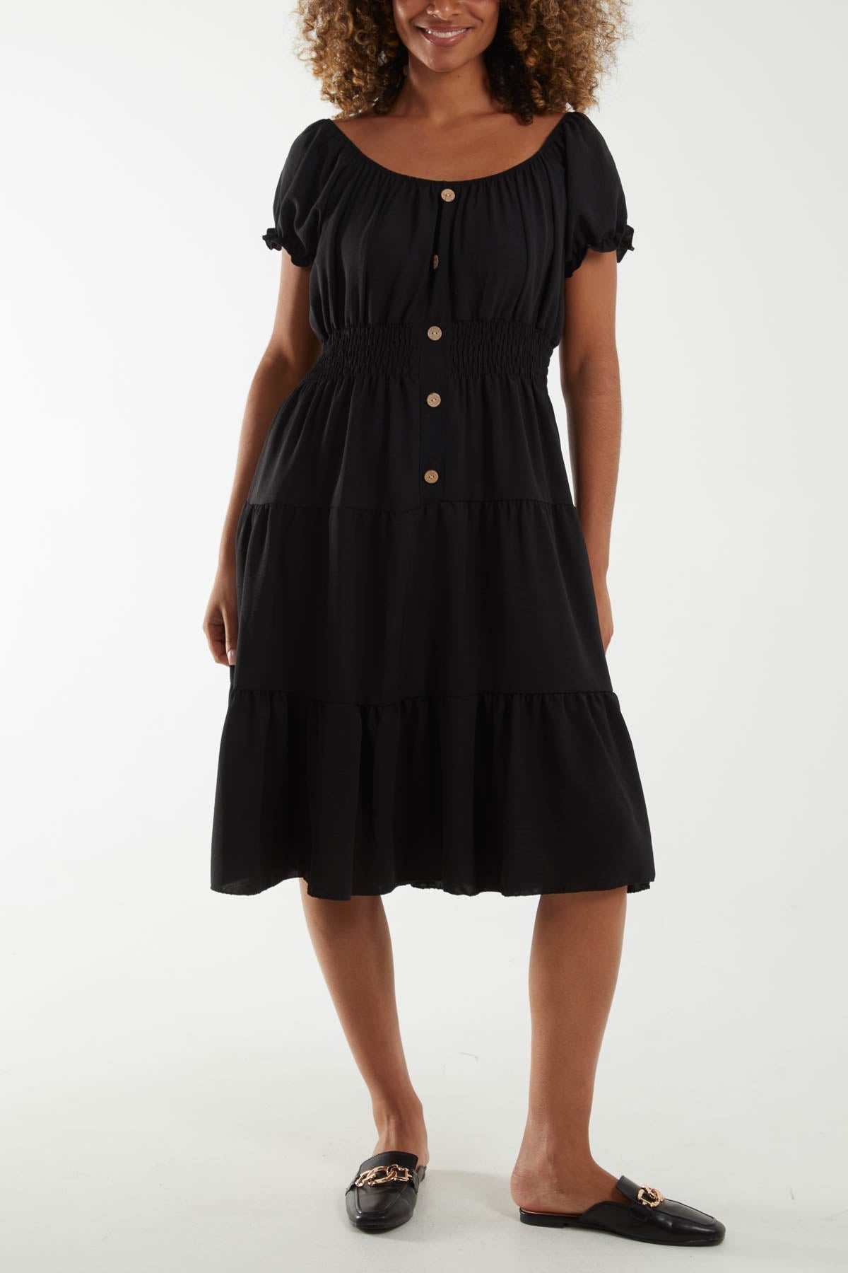 Sage Bardot Shirred Bodice Tiered Dress For Women ONE SIZE - Dropwear