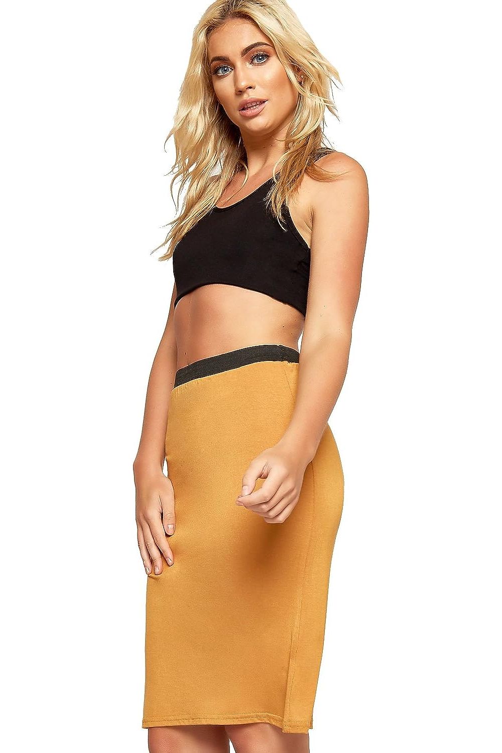 Khaki Plus Size Plain Stretch Pencil Midi Skirt For Women 24-26 - Dropwear