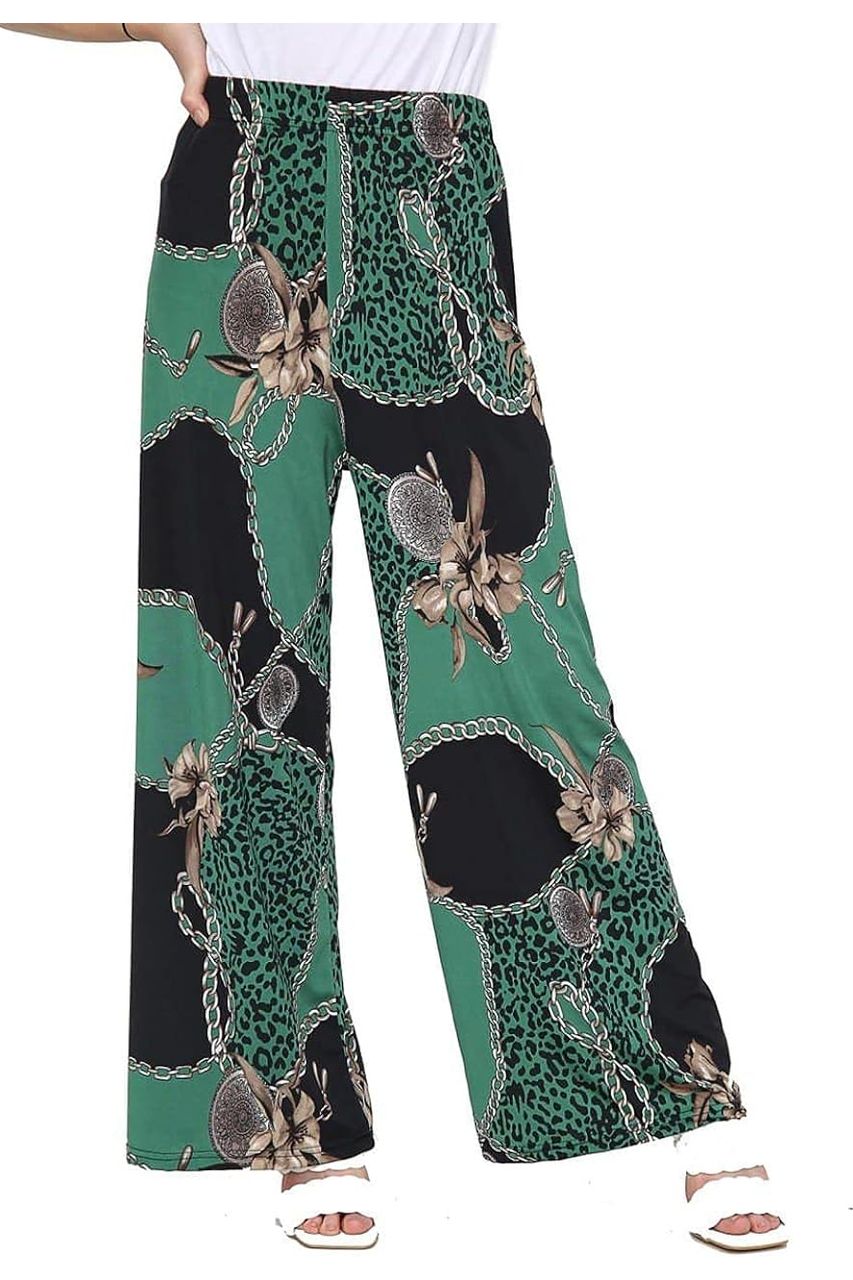 Green Leopard Chain Green Leopard Chain Print Palazzo Trouser For Women 12-14 - Dropwear