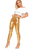 Black Shiny Metallic Print High Waisted Disco Leggings For Women 8-10 - Dropwear