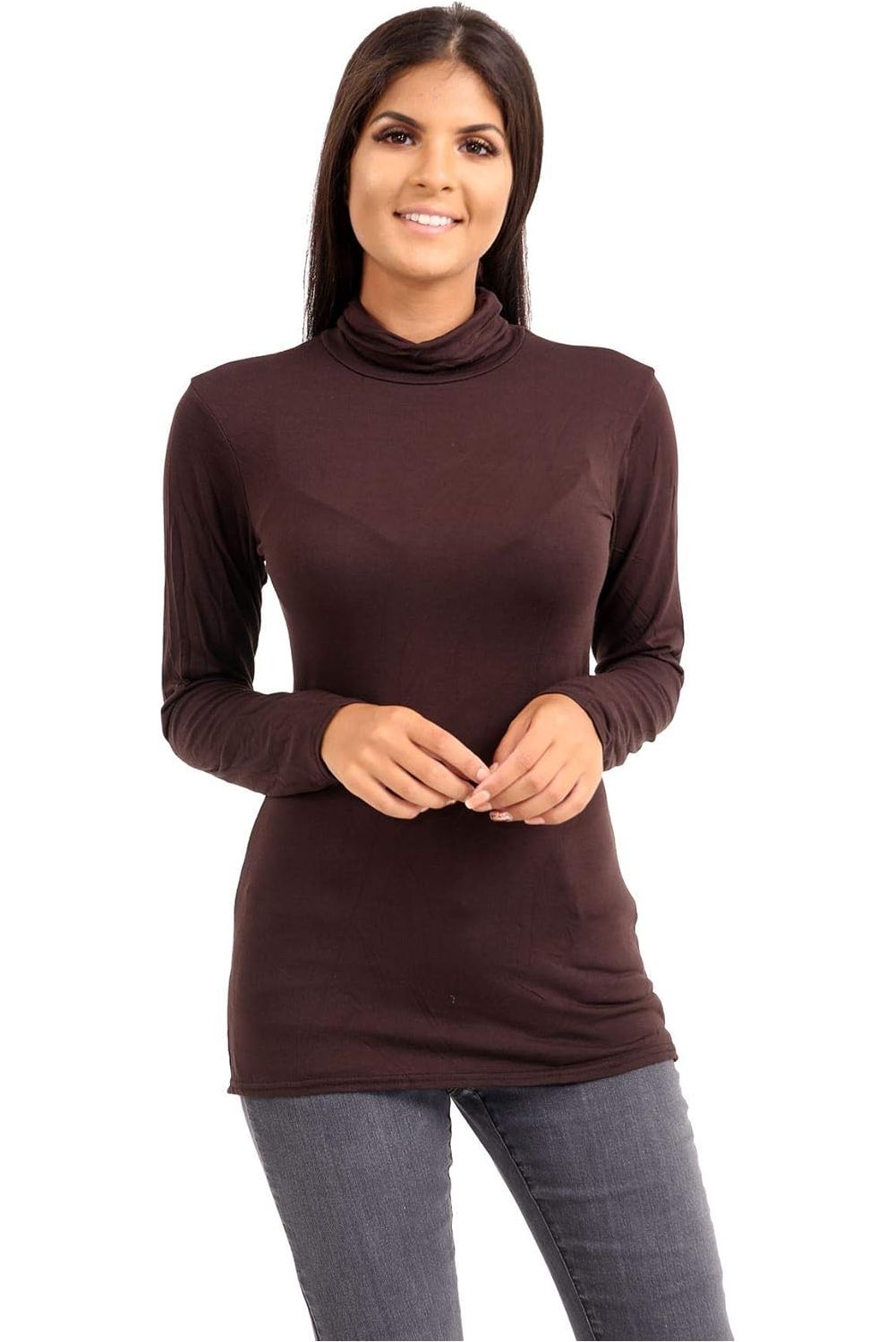Brown Plus Size Turtle Neck Long Sleeve Top For Women 16-18 - Dropwear