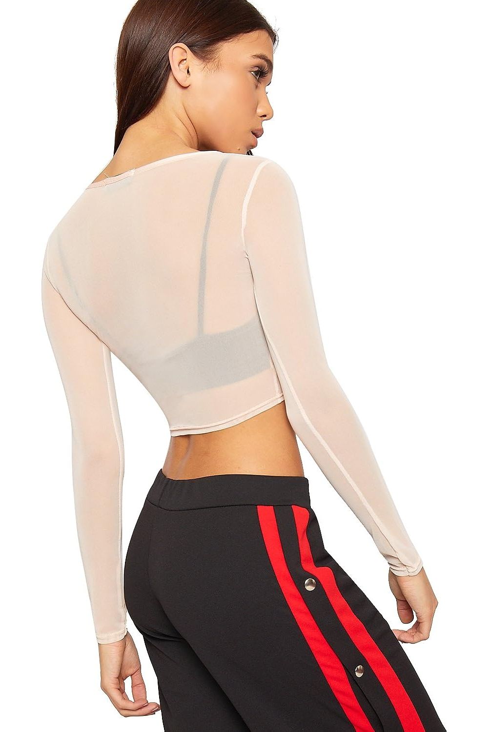 Sheer Mesh Long Sleeve Crop Top For Women  - Dropwear