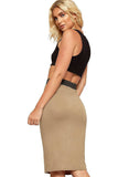 Khaki Plus Size Plain Stretch Pencil Midi Skirt For Women 16-18 - Dropwear