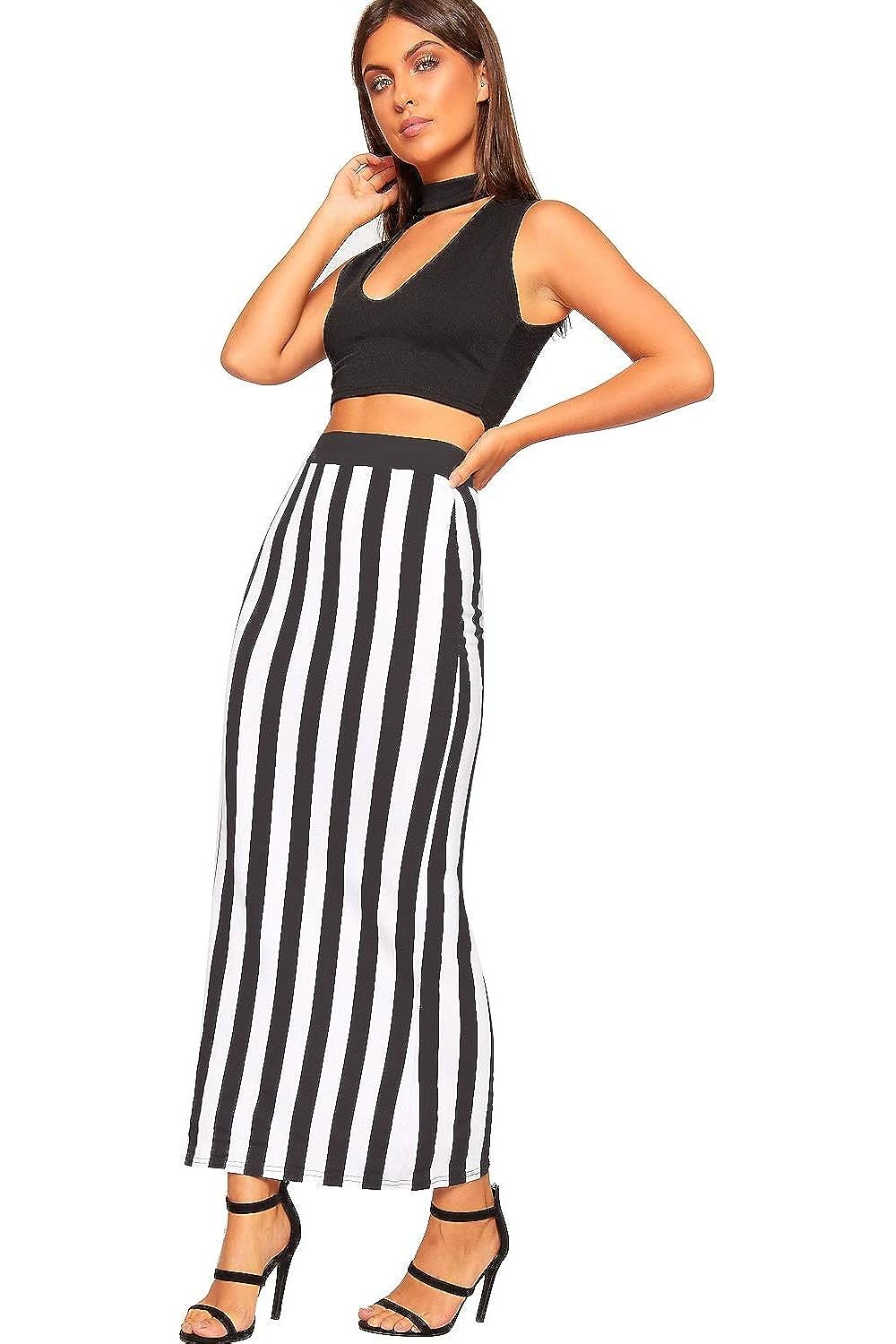 Striped High Waist Stretch Long Maxi Skirt For Women 8-10 - Dropwear
