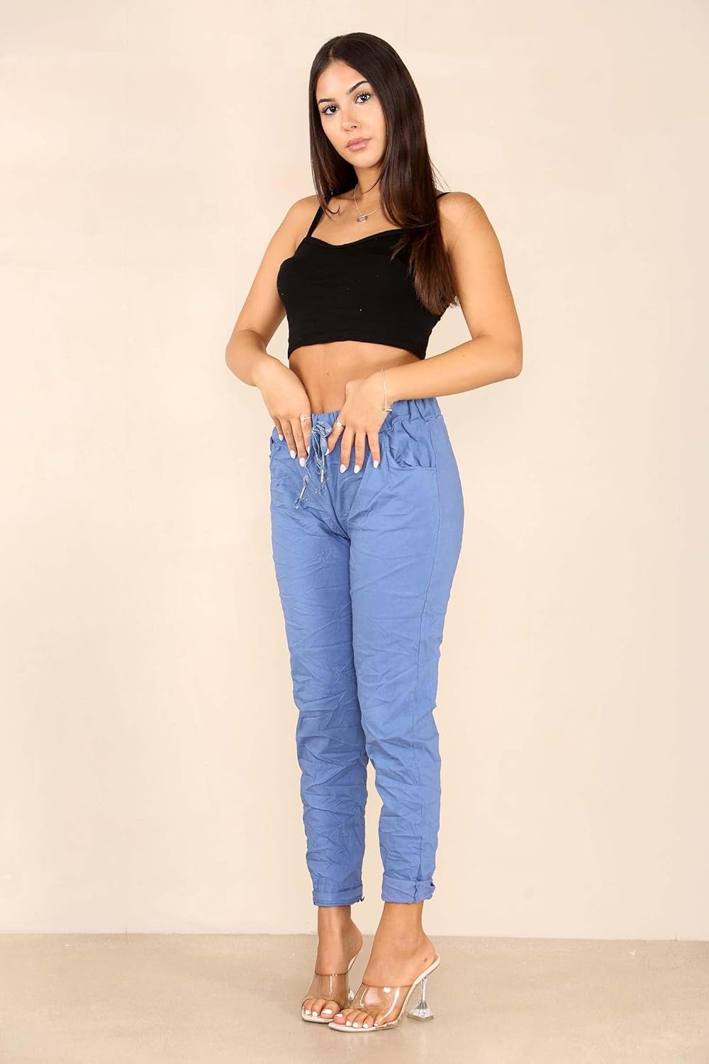 Plus Size Italian Glitter Drawstring Waistband Magic Pants For Women  - Dropwear