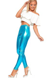 Silver Shiny Metallic Print High Waisted Disco Leggings For Women 12-14 - Dropwear