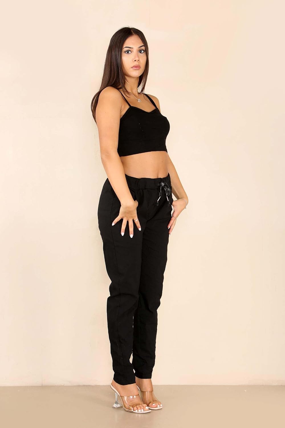 Plus Size Italian Glitter Drawstring Waistband Magic Pants For Women  - Dropwear