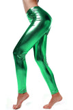 Turquoise Shiny Metallic Print High Waisted Disco Leggings For Women 12-14 - Dropwear